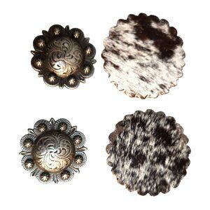 Set Of 4 Western Style Silver Toned Floral & Cowhide Conchos